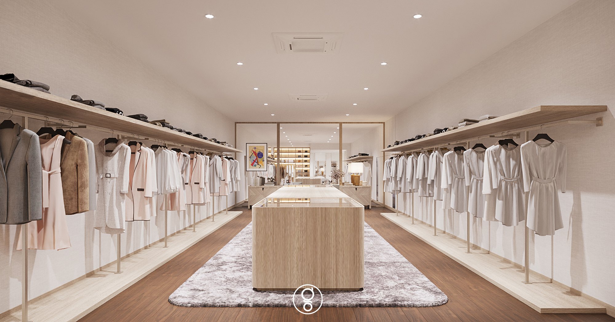 ห้องแต่งตัว The Palazzo Pinklao — ราวแขวนเสื้อผ้ายาวพร้อมชั้นด้านบน และไอส์แลนด์ไม้บนพรมนุ่ม