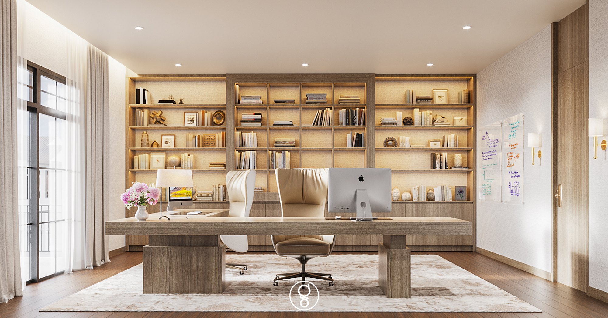 ห้องทำงาน The Palazzo Pinklao — โต๊ะไม้กับเก้าอี้หนังสองตัว หน้าผนังชั้นหนังสือไม้ซ่อนไฟ ข้างหน้าต่างสูง