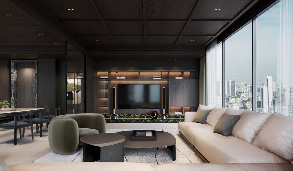 Thonglor Residence living room interior design in Bangkok, cream sofa and olive armchair facing a dark timber media wall under a coffered timber ceiling