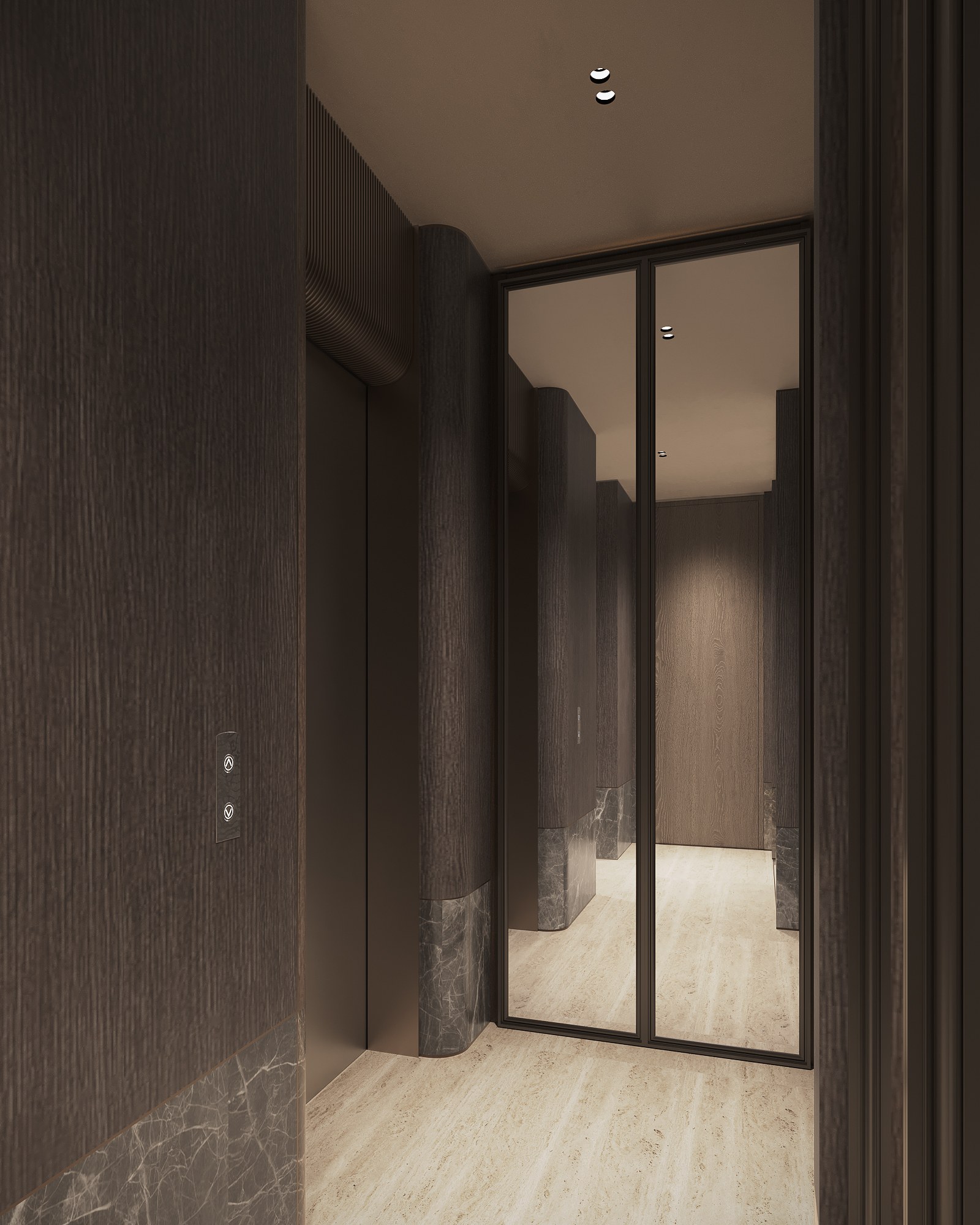 Thonglor Residence lift lobby — dark timber wall panelling, a rounded timber column on a grey marble base and bronze-framed mirror panels over a pale stone floor