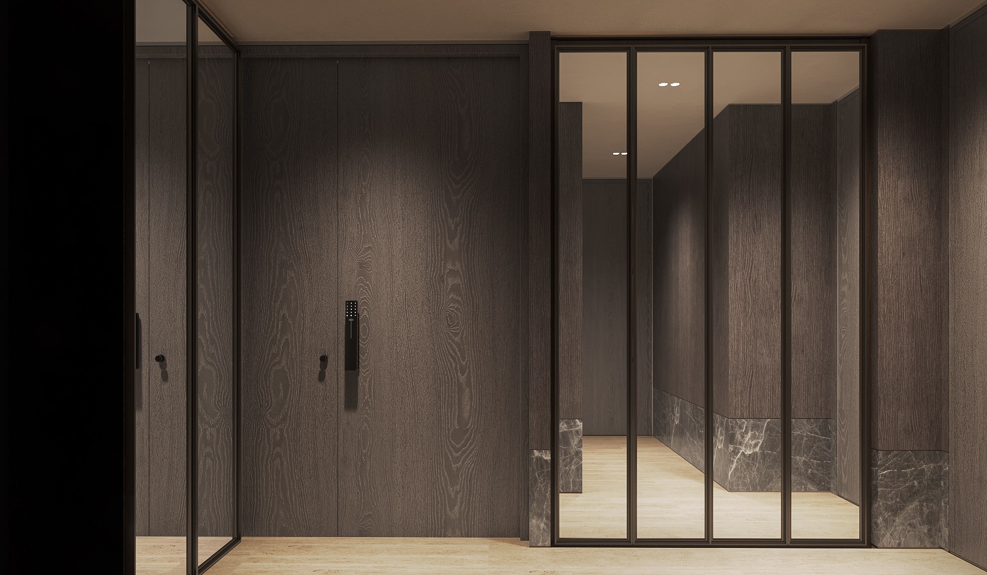 Thonglor Residence entrance foyer — full-height dark timber double doors with a digital lock, flanked by bronze-framed mirror panels and grey marble skirting