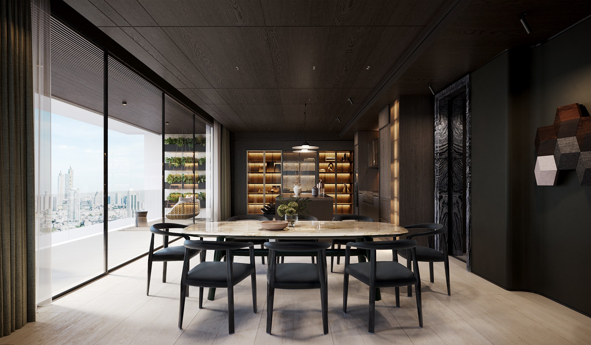 Thonglor Residence dining room — oval marble table with eight black timber armchairs, lit display shelving beyond and sliding glass doors to the planted balcony and city view