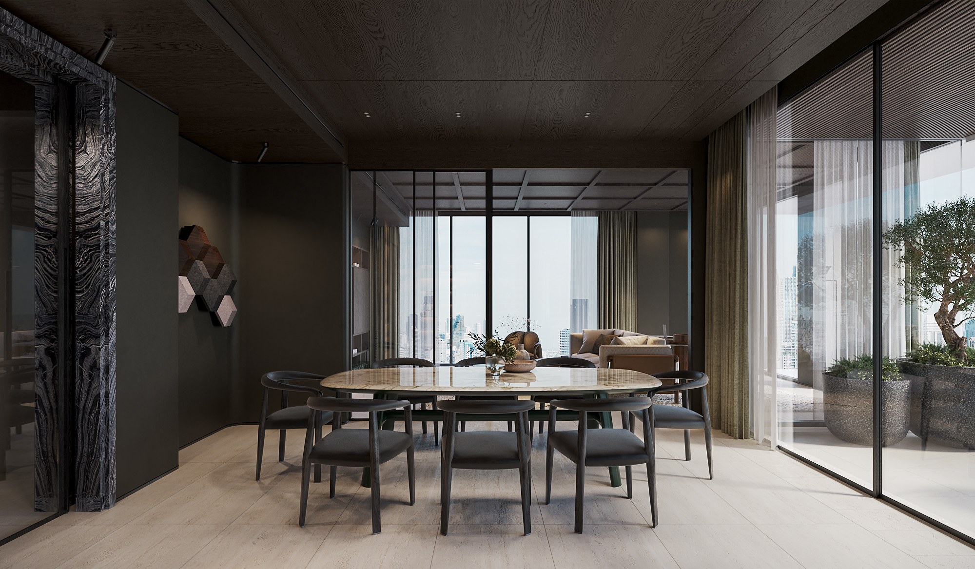 Thonglor Residence dining room looking toward the living room through a dark-framed glass partition, with a black stone door surround and olive curtains