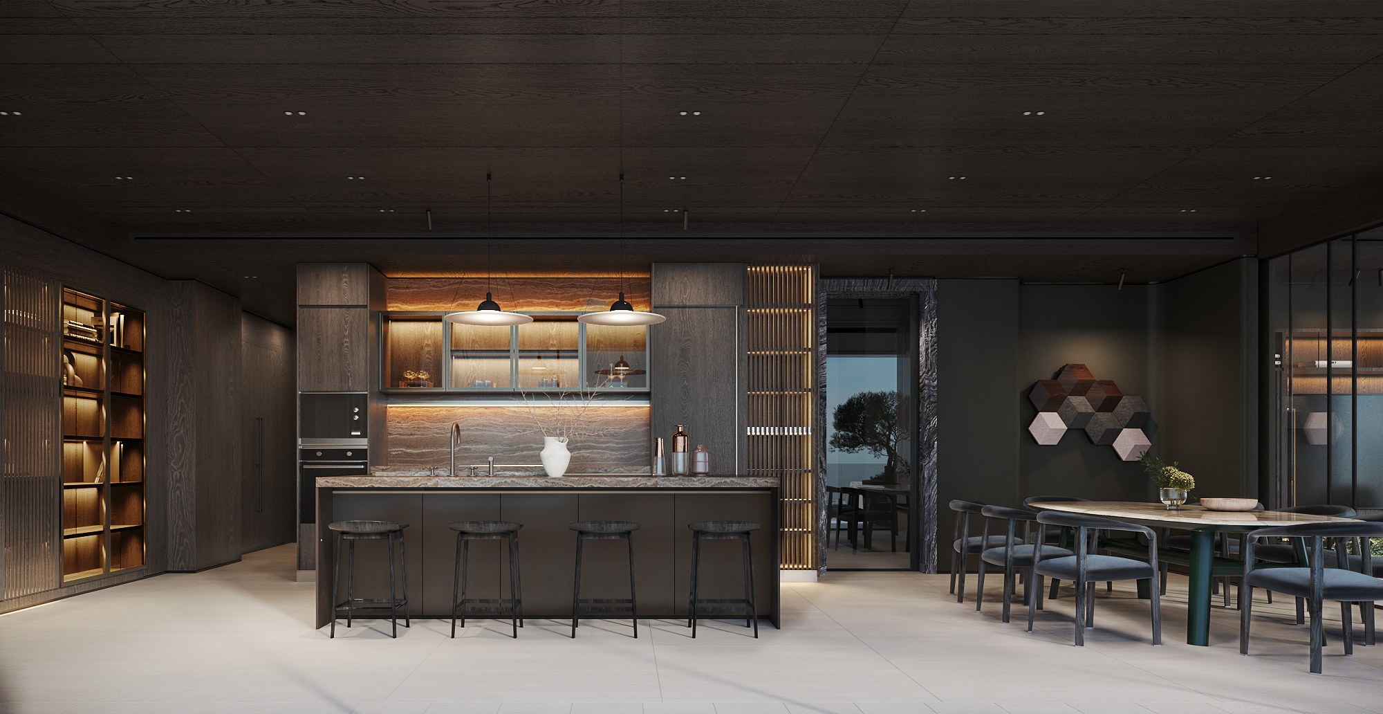 Thonglor Residence pantry — a stone-topped island with four stools under two pendant lights, lit glass cabinets and a slatted timber screen, the dining table to the right