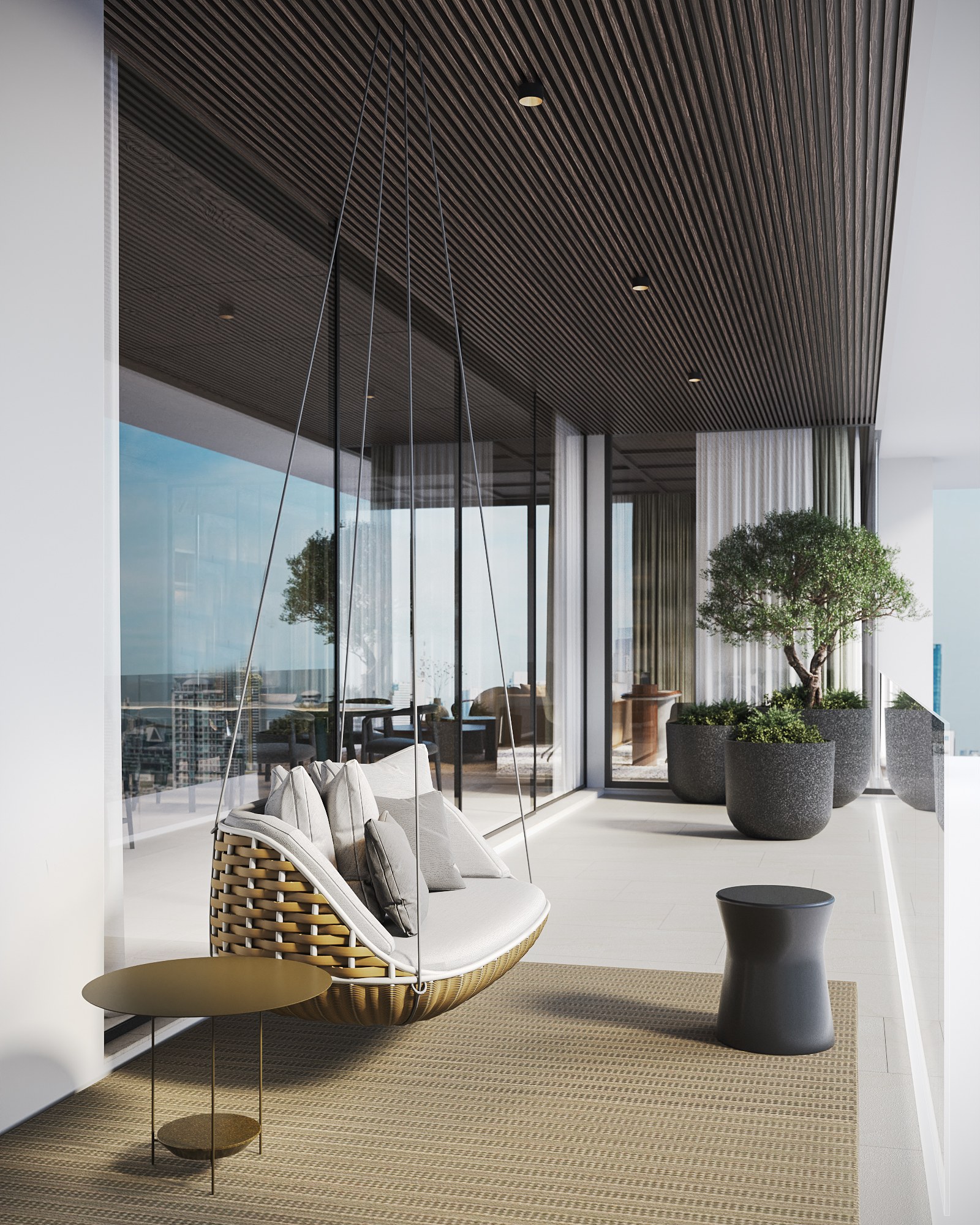 Thonglor Residence balcony — a woven hanging seat with pale cushions under a slatted timber ceiling, olive trees in dark stone planters along the glass balustrade