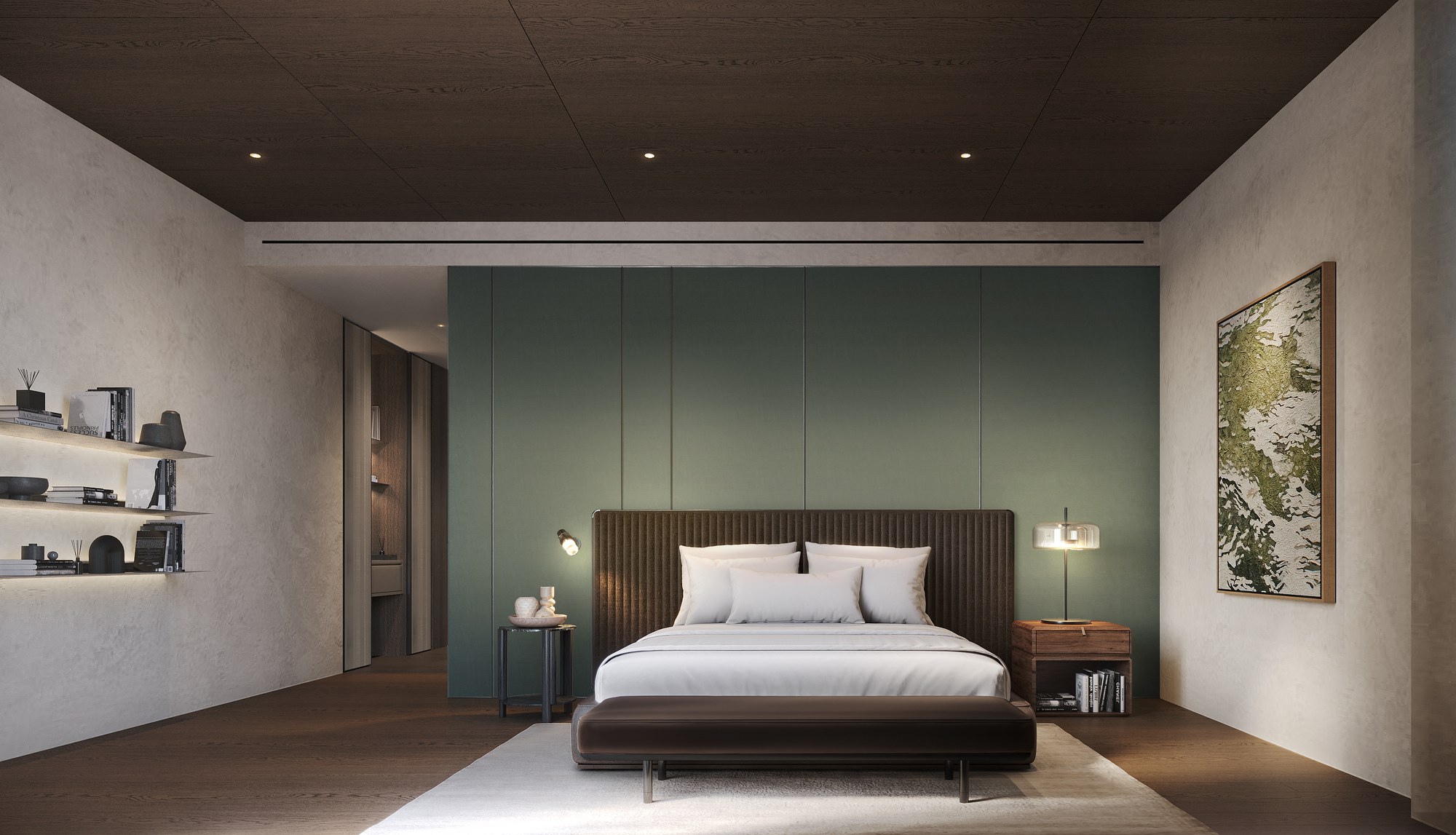Thonglor Residence bedroom — a ribbed upholstered bed against muted green fabric wall panels, timber ceiling, floating lit shelves and a green artwork