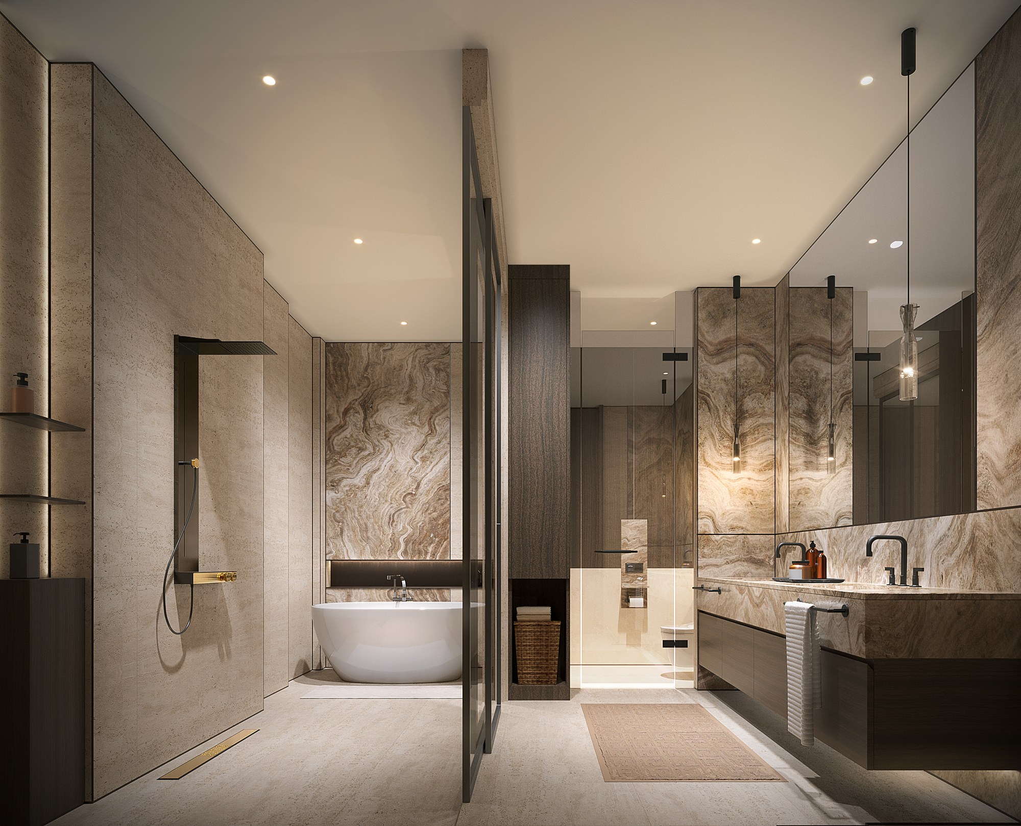 Thonglor Residence bathroom — a freestanding white bath against a veined stone wall, pale stone walls and floor, a black-framed glass screen and a stone double vanity