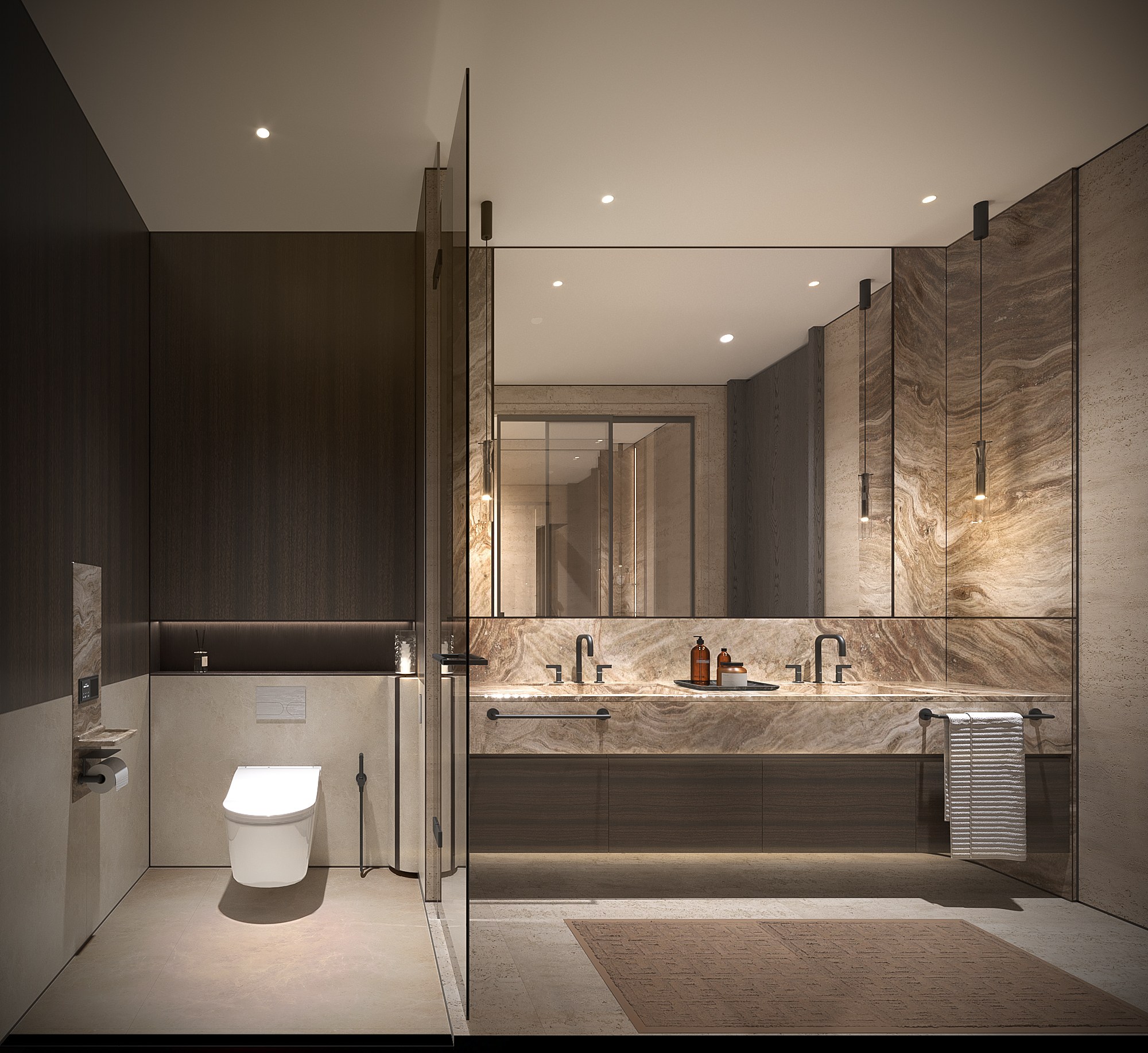 Thonglor Residence bathroom — a double vanity in veined warm stone with black taps and pendant lights, a wall-hung WC behind a glass partition